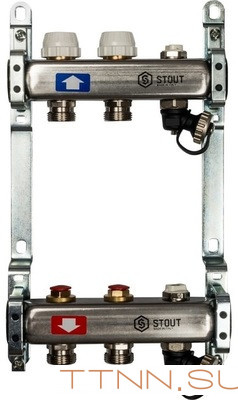 Коллектор с запорными клапанами STOUT SMS-0932-000002; с клапаном выпуска воздуха и сливом Коллектор с запорными клапанами STOUT SMS-0932-000002; с клапаном выпуска воздуха и сливом