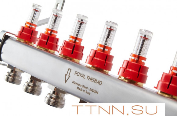 Для отопления Royal Thermo 1" ВР-3/4" НР, 4 выхода с расходомерами, нерж. (RTE 52.104)