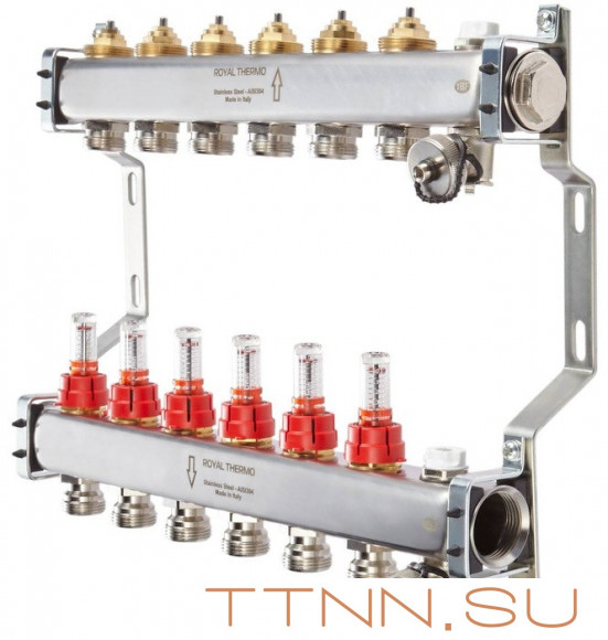 Для отопления Royal Thermo 1" ВР-3/4" НР, 5 выходов с расходомерами, нерж. (RTE 52.105) Для отопления Royal Thermo 1" ВР-3/4" НР, 5 выходов с расходомерами, нерж. (RTE 52.105)