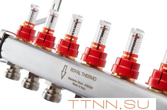 Для отопления Royal Thermo 1" ВР-3/4" НР, 7 выходов с расходомерами, нерж. (RTE 52.107) Для отопления Royal Thermo 1" ВР-3/4" НР, 7 выходов с расходомерами, нерж. (RTE 52.107)