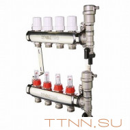 Коллекторная группа VALTEC VTc.589.EMNX.0605 1" х 3/4" на 5 выходов из нерж.стали c термостатическими клапанами и расходомерами Коллекторная группа VALTEC VTc.589.EMNX.0605 1" х 3/4" на 5 выходов из нерж.стали c термостатическими клапанами и расходомерами