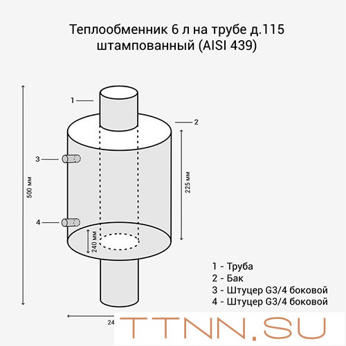 Теплообменник 6л на трубе д.115 штампованный (AISI 439)