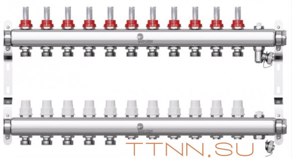 Коллектор для теплого пола Wester 1"-3/4 в сборе с расходомерами на 11 выходов