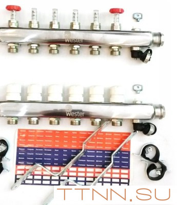 Коллектор для теплого пола Wester 1"-3/4 в сборе с расходомерами на 5 выходов Коллектор для теплого пола Wester 1"-3/4 в сборе с расходомерами на 5 выходов