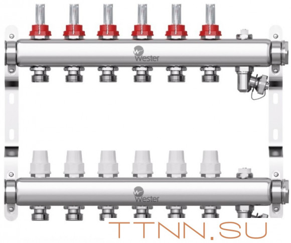 Коллектор для теплого пола Wester 1"-3/4 в сборе с расходомерами на 6 выходов Коллектор для теплого пола Wester 1"-3/4 в сборе с расходомерами на 6 выходов