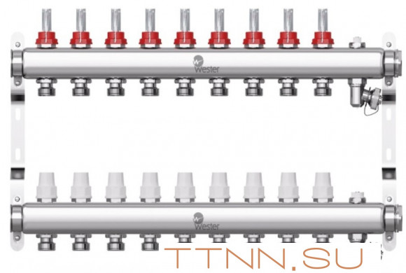 Коллектор для теплого пола Wester 1"-3/4 в сборе с расходомерами на 9 выходов